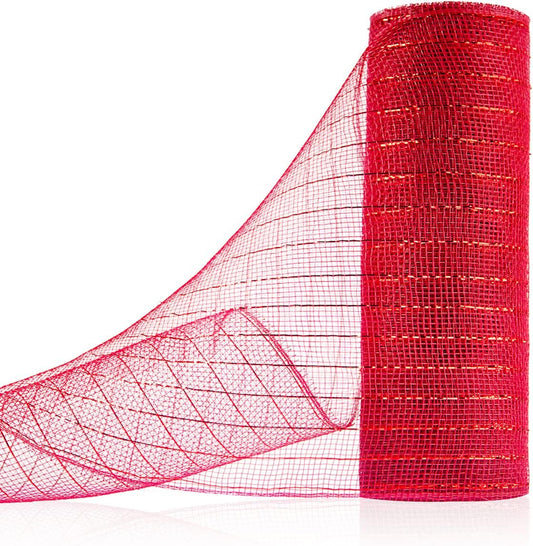 Anivia Deco Mesh Ribbon, 10inch x 30 Feet Each Roll Metallic Foil Mesh Ribbon for Wreaths Swags, Holloween, and Christmas Tree Decoration (Red/Red Foil)