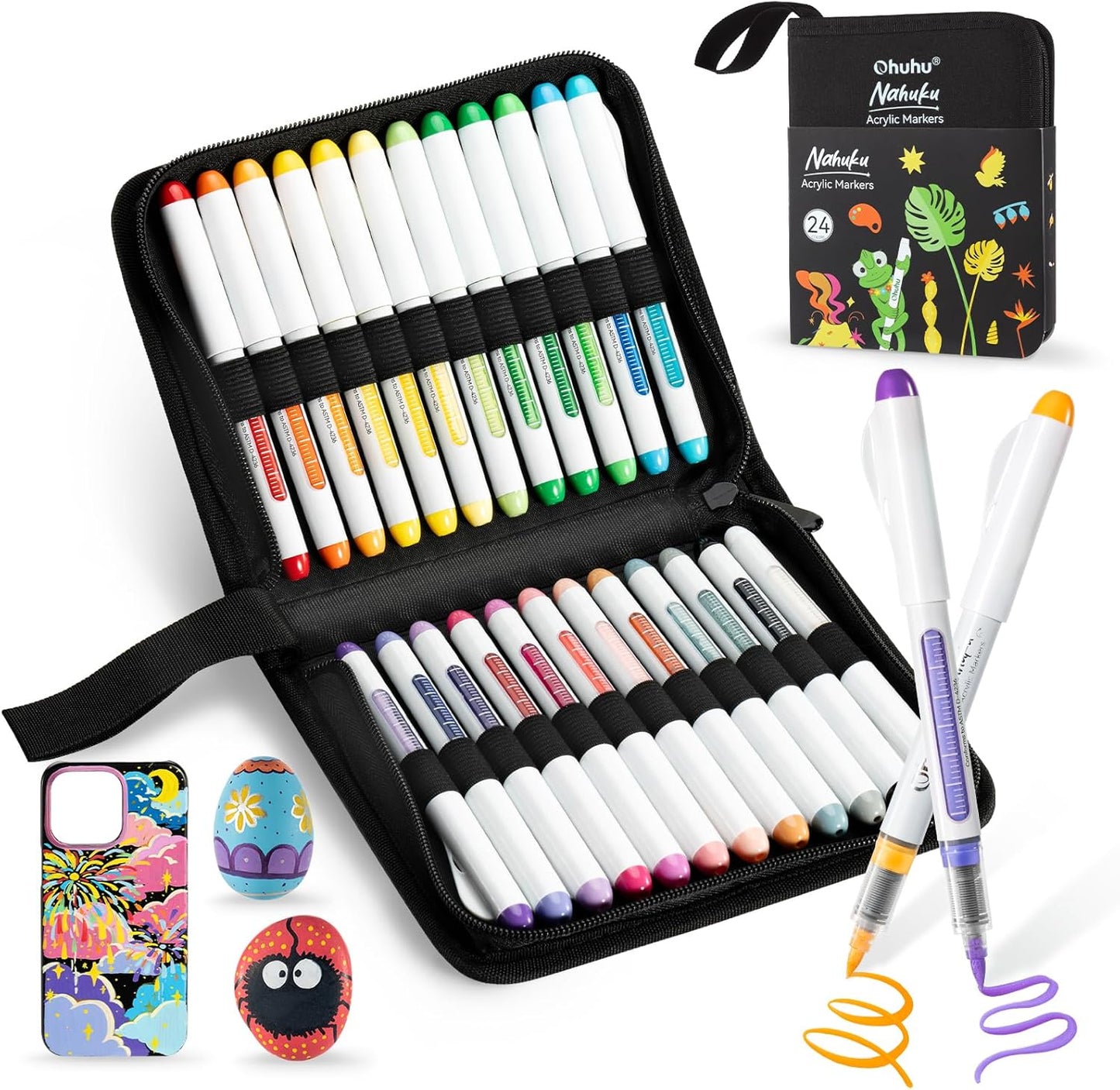 Ohuhu Acrylic Paint Markers Direct Liquid: 24 Colors Flexible Brush Tip Acrylic Markers High Opacity Paint Pens Waterproof Lightfast for Rock Easter Eggs Wood - Nahuku