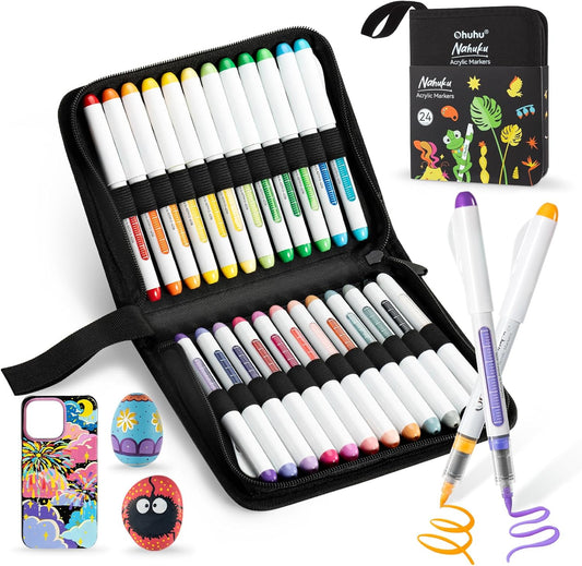 Ohuhu Acrylic Paint Markers Direct Liquid: 24 Colors Flexible Brush Tip Acrylic Markers High Opacity Paint Pens Waterproof Lightfast for Rock Easter Eggs Wood - Nahuku