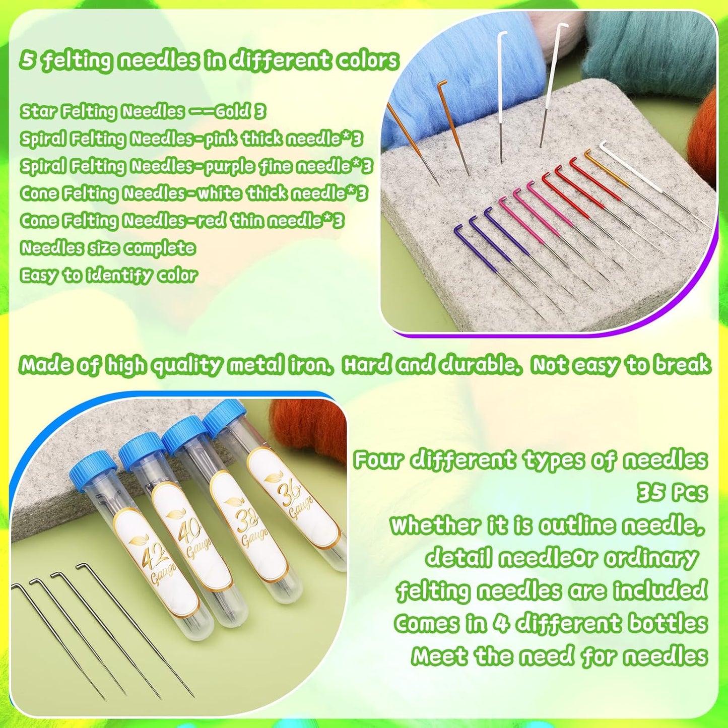 Mayboos Needle Felting Kit, 24 Colors Wool Roving Set, Needle Felting Kit with Felting Tool and Foam Mat Needle Felting Supplies for Beginner DIY Arts and Craft