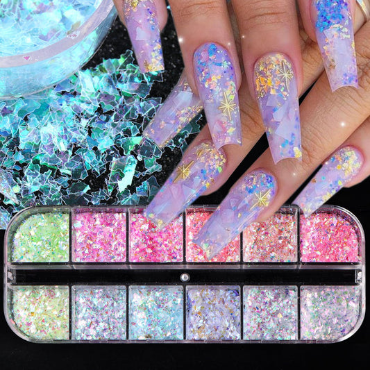 12 Colors Irregular Ice Nail Art Glitter Sequins 3D Holographic Mermaid Flakes Chameleon Confetti Iridescent Chunky Glitter for Face Make-Up Beauty Decorations