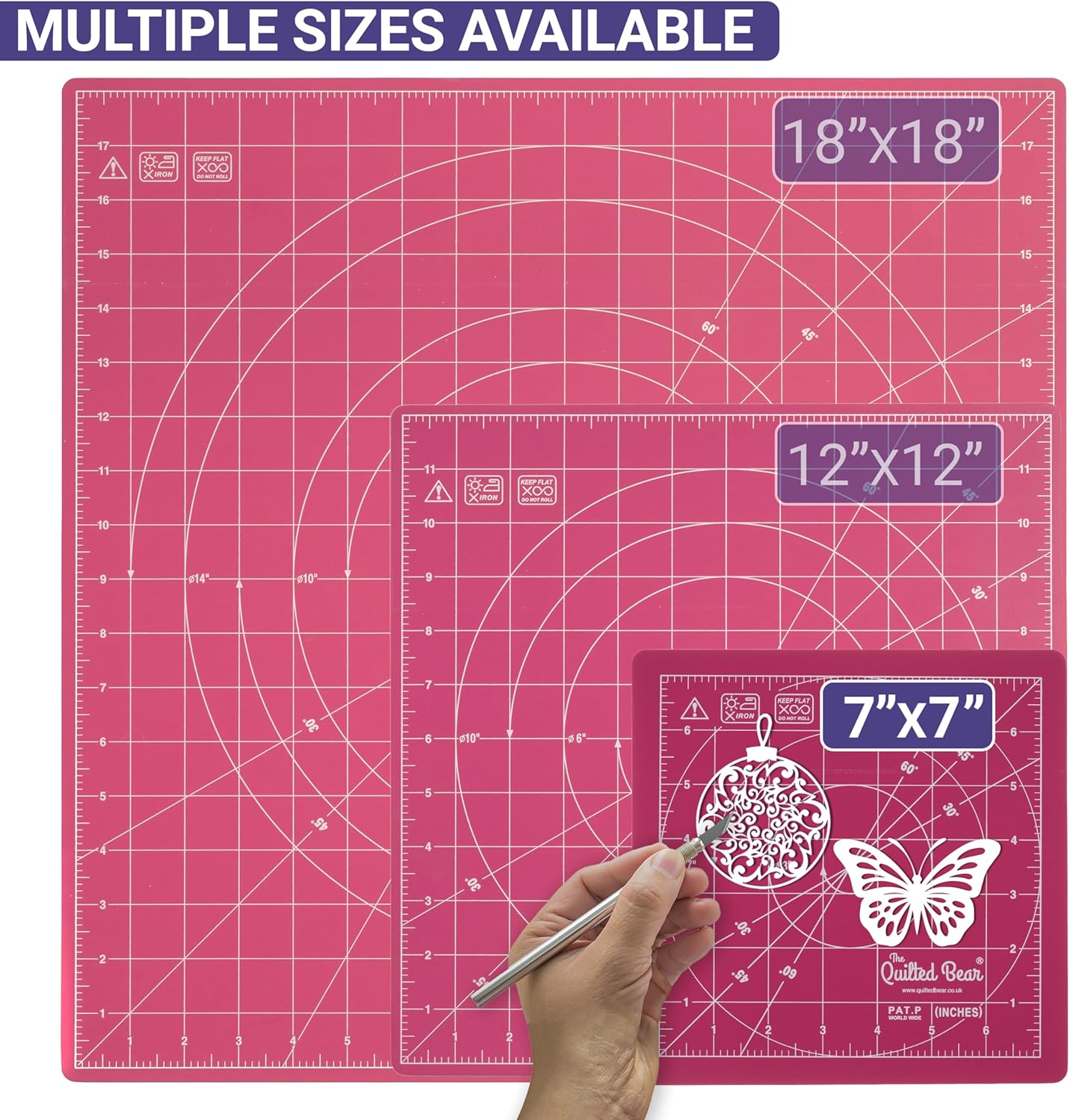 The Quilted Bear Rotating Cutting Mat 7" x 7" - Locking & Rotating Self Healing Cutting Board for Sewing, Fabric & Effortless Quilting - 360 Degree Sewing Supplies Mat for Craft Table (Pink)