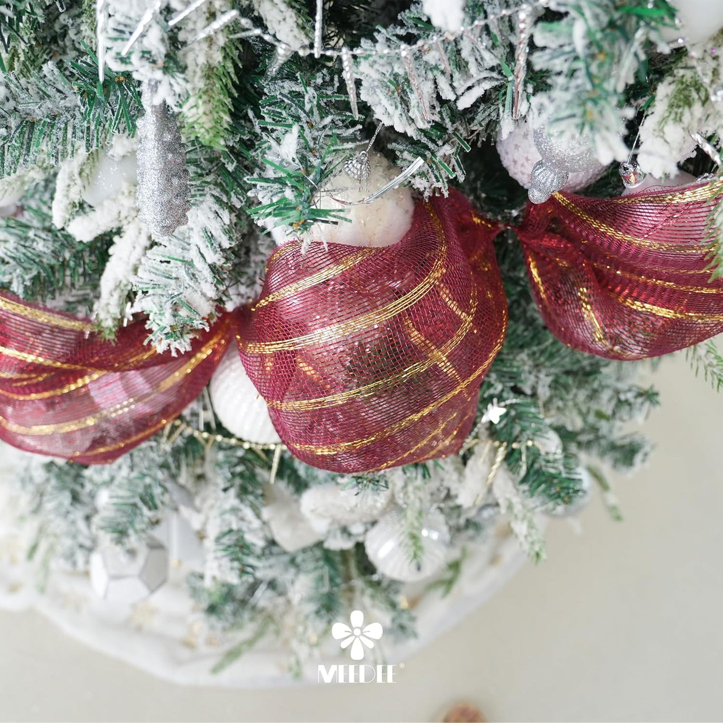 MEEDEE Burgundy and Gold Deco Mesh 10 Inch Metallic Striped Deco Mesh Christmas Mesh Ribbon for Christmas Tree, Wreaths, Garland, Gift Wrapping, Bows Making (30 Feet)