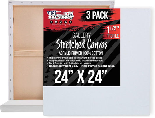 U.S. Art Supply Large Stretched Canvas for Painting 24x24 inch Gallery Depth 1-1/2" Thick, 3-Pack - 12oz Acrylic Gesso Triple Primed, Professional Artist Quality, 100% Cotton - Oil, Pouring Paint