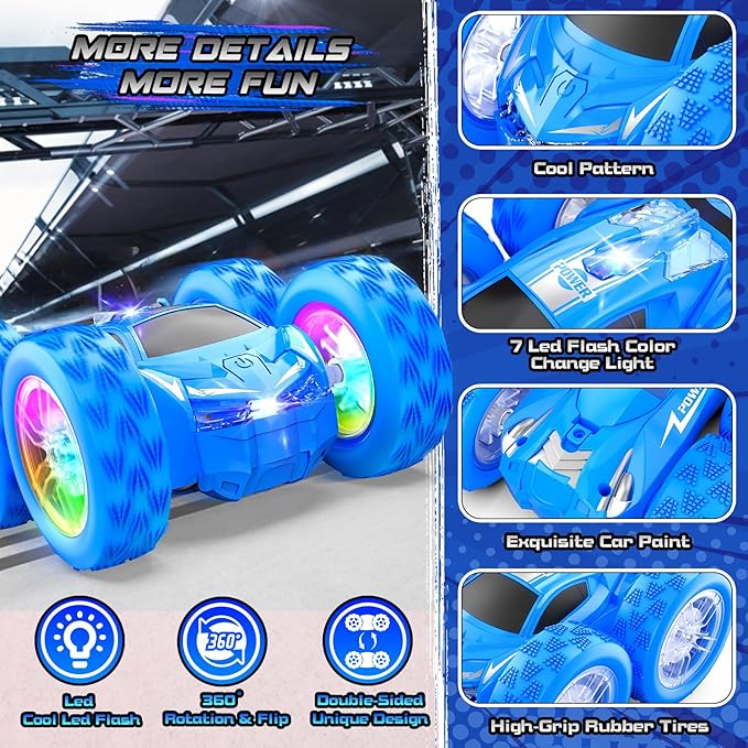 Remote Control Car for Kids, RC Stunt Cars Toys for Boys Ages 4-7 with Cool Double-Sided Pattern and LED Flash, 1:24 Vehicle Toy Car Hobby Racing Car Toys Gift for 3 4 5 6 7 8 9 Year Old Boys
