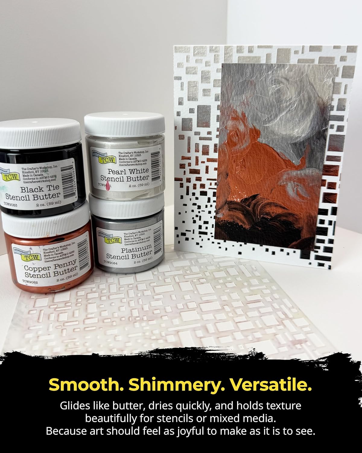The Crafter's Workshop Stencil Butter - Formal Acrylic Paint Set - Boutique Metallic Texture Paste for Art, Canvas, Journals, & Cards - 4 x 2oz Jars