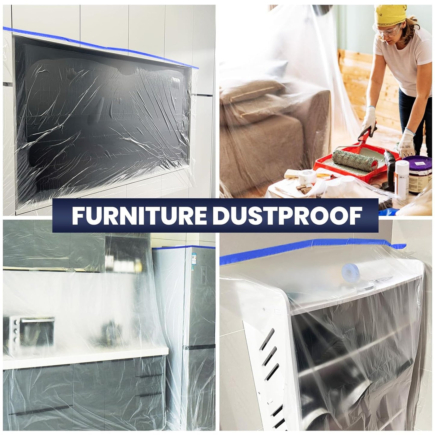 ADHES Painters Plastic with Tape, Painters Tape with Plastic Attached, Pre Taped Masking Film Tape and Drape for Automotive Painting Covering, 90 feet, 3 Sizes