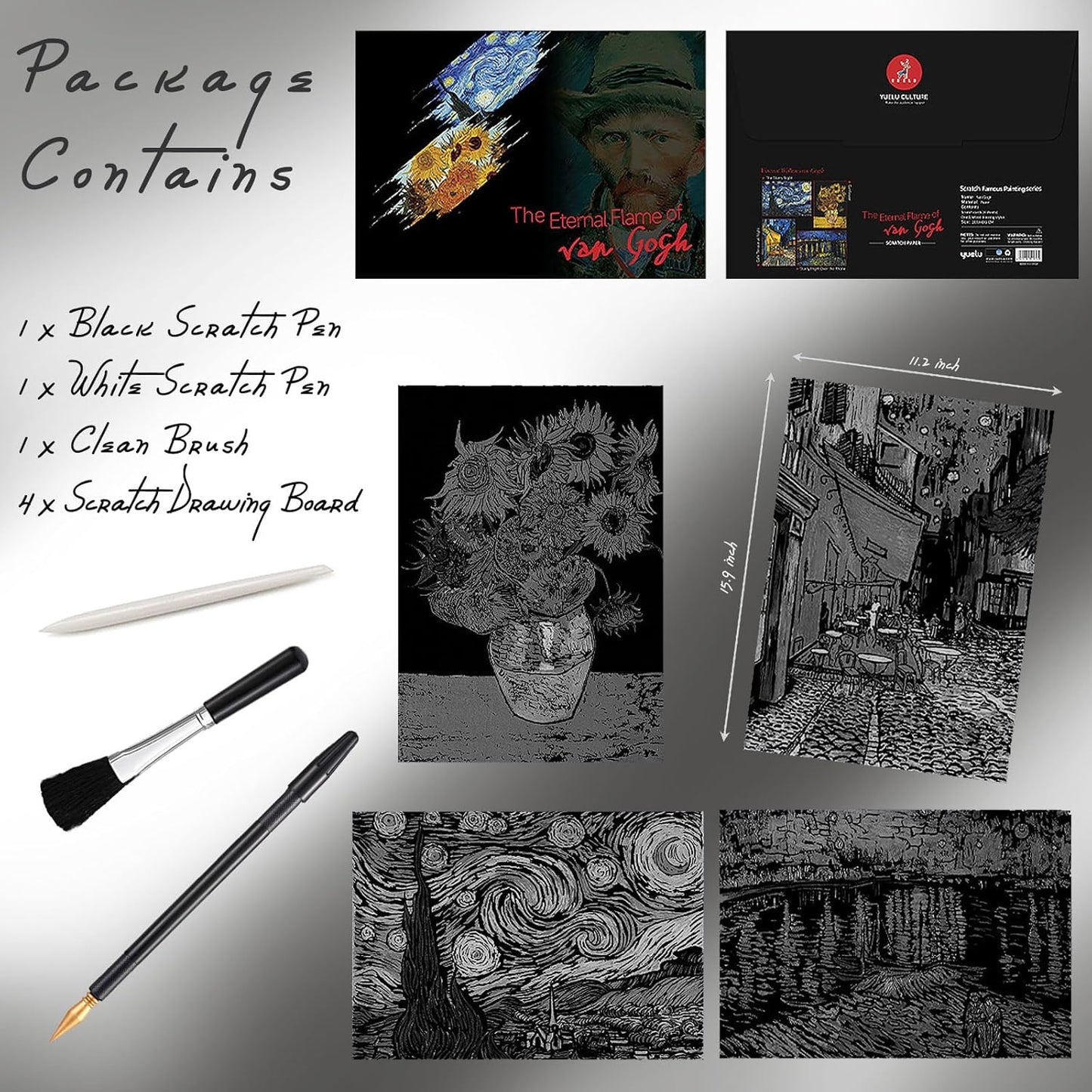 Scratch Art Painting 4 Pcs Vincent Van Gogh Scratch Rainbow Paper Set for Adults and Kids, DIY Sketch Card Engraving Craft Night View Scratchboard with 4 Tools - Cafe Terrace, Sunflowers, Starry Night