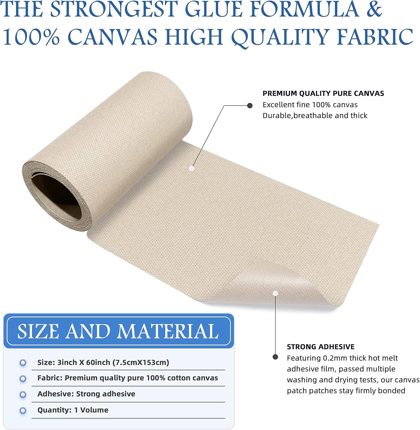 KING MOUNTAIN Canvas Iron on Patch,3"×60",Waterproof 100% Cotton Fabric Repair Patch,Used for Various Sofa,Tent,Clothes,Seats,Suitcases (Beige2.0)