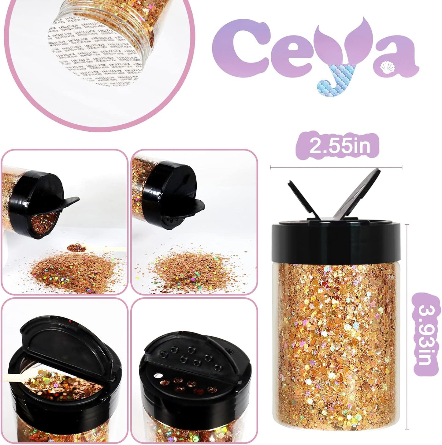 Ceya Holographic Chunky Glitter, 4.9oz/ 140g Rose Gold Craft Glitter Powder Mixed Chunky & Fine Flakes Iridescent Nail Sequins for Nail, Hair, Epoxy Resin, Tumblers, Slime, Painting, Festival Decor