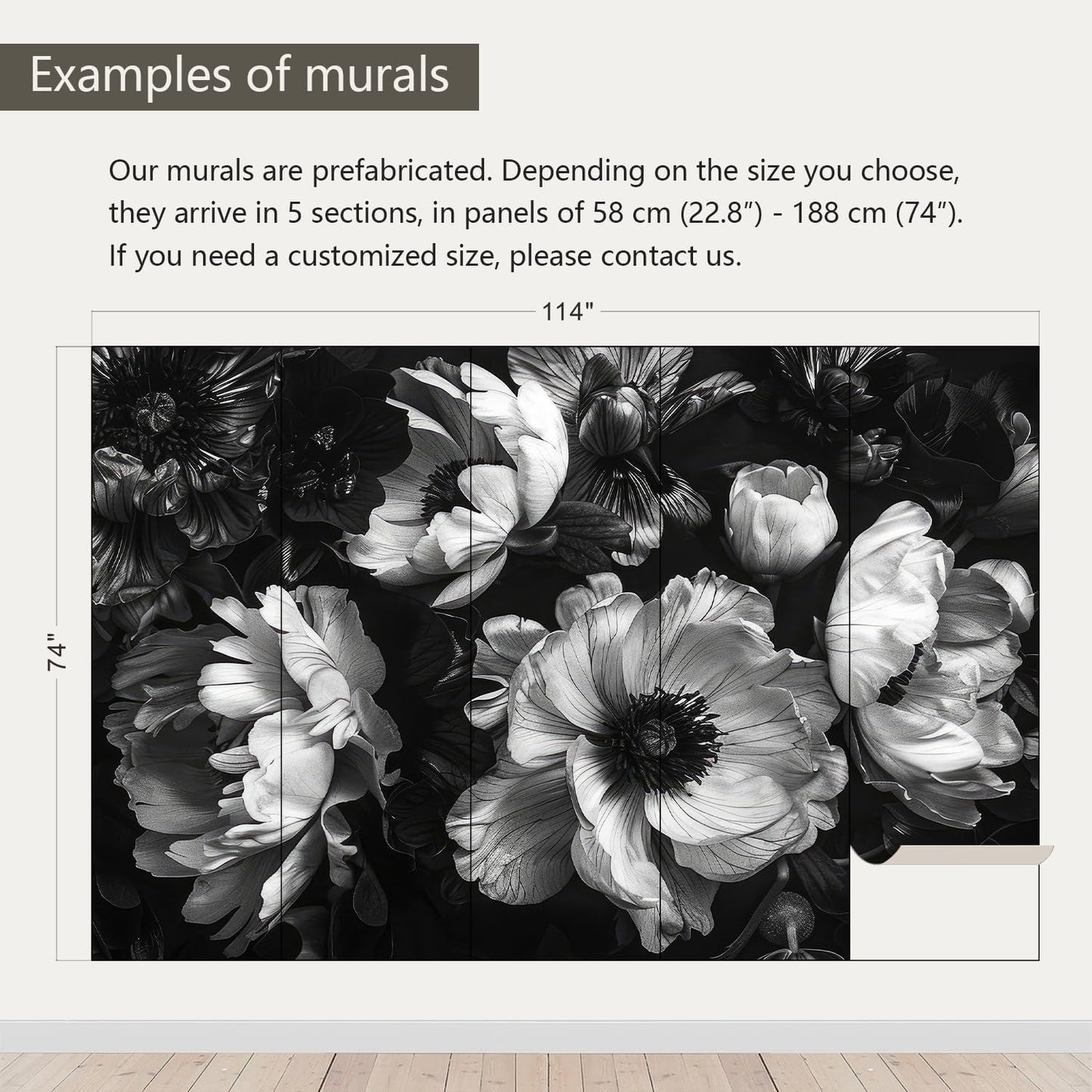 AFZEVEB-Black Peony Floral Wallpaper Vintage Large Flower Wall murals for Bedroom 114"x74"(Not Peel and Stick)