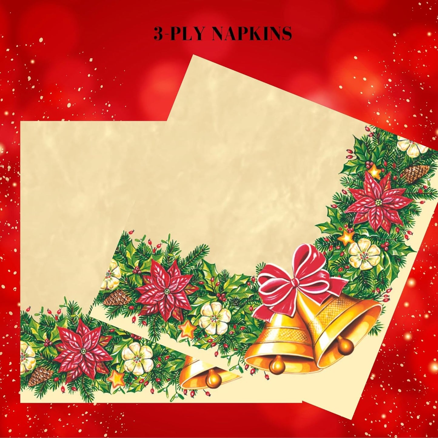 20-ct 13x13 Christmas Paper Decoupage Napkins, 3-Ply Servilletas Tissue Napkin for Dinner and Parties, Disposable Napkins (Bells)