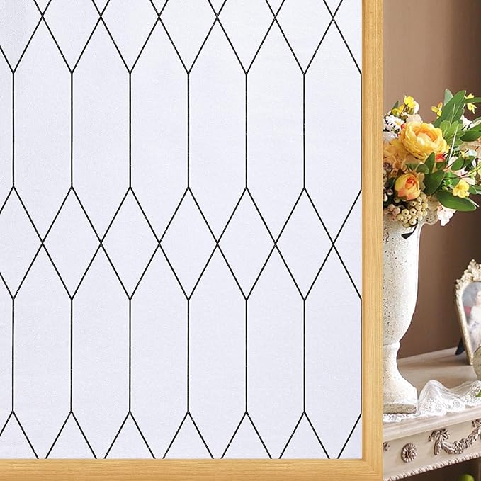 Windimiley Window Privacy Film Stained Glass Static Clings, Bathroom Frosted Leaded Decorative Window Stickers, UV Heat Blocking Opaque Removable for Home Door Coverings (29.5 x 78.7 in,White)