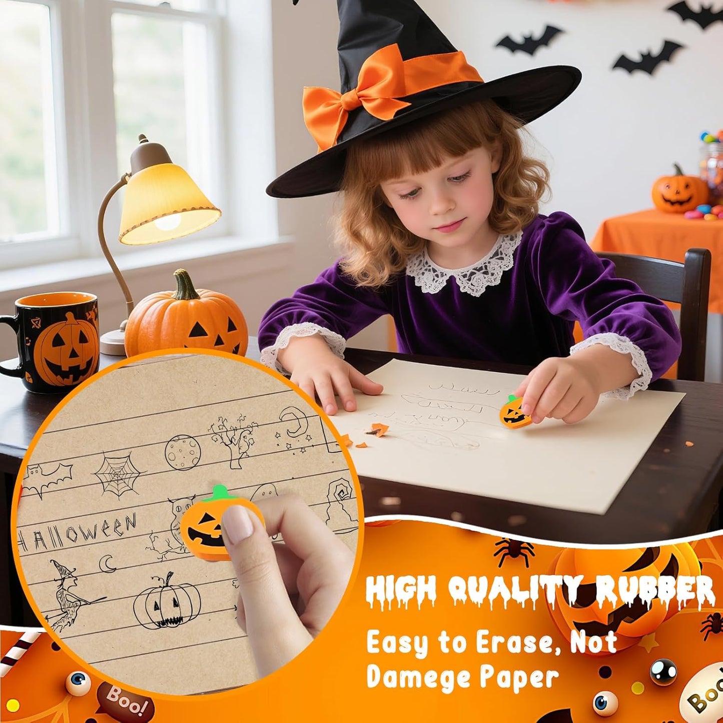 60 Pcs Halloween Mini Erasers for Kids, PLULON Goody Bag Fillers Pumpkin Black Cat Bat Skull Ghost Erasers Bulk Novelty Funny Halloween Classroom Trick or Treat Party Favors Gift
