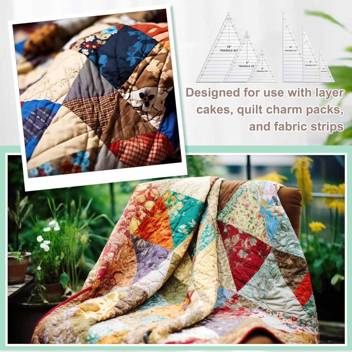 Kigley 3 Set Tall Triangle Rulers for Quilting 6 8 10 Inch Wedge Triangle & Wing Quilting Rulers and Templates Acrylic Quilt Templates for Sewing Layer Cake Patchwork Cutting Pattern DIY Craft