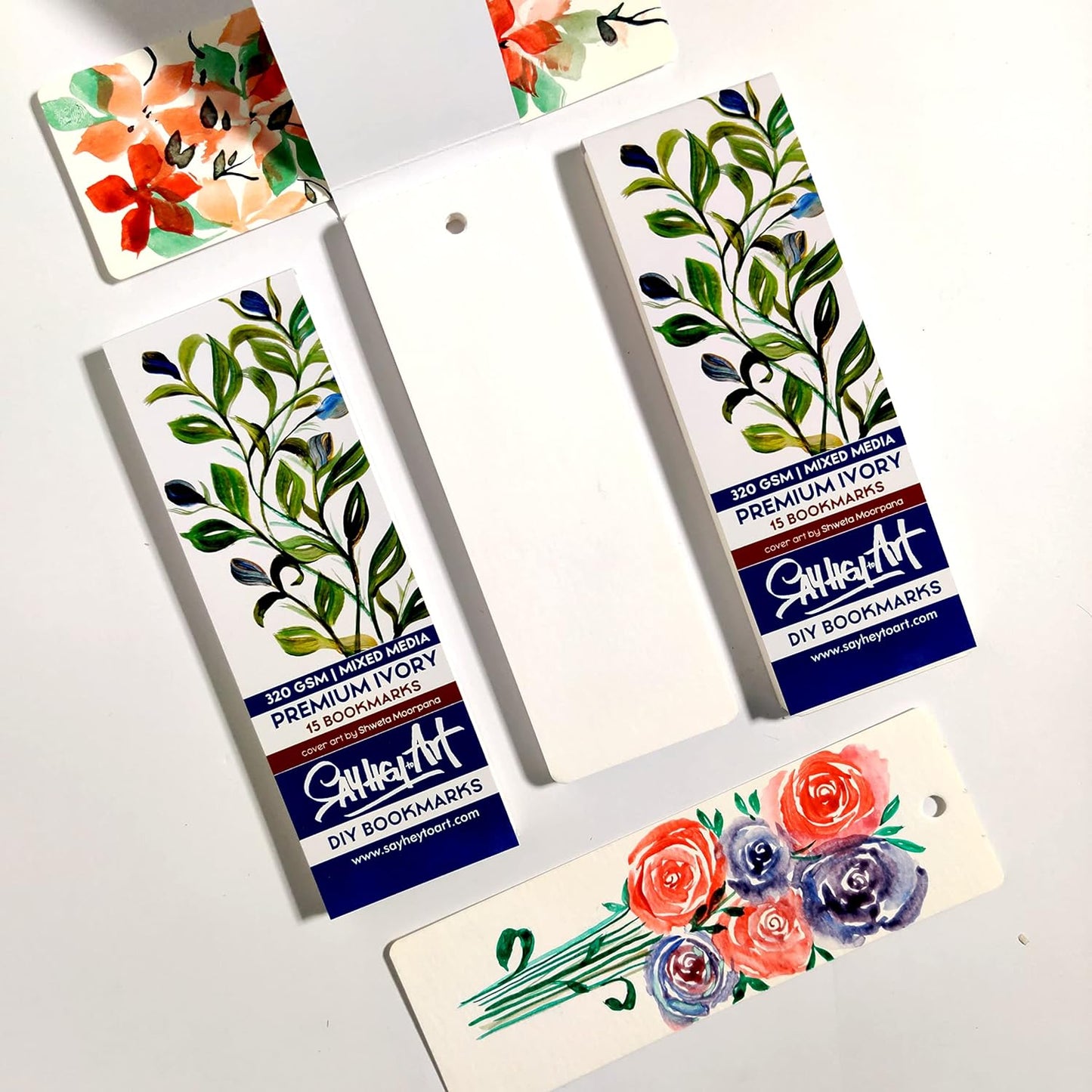 320gsm Premium Ivory Professional Bookmark Sketchpads/for All Mediums, Calligraphy, Charcoal, acrylics, Gouache / (Pack of 2 - a Total of 30 DIY Bookmarks) / Blue Florals