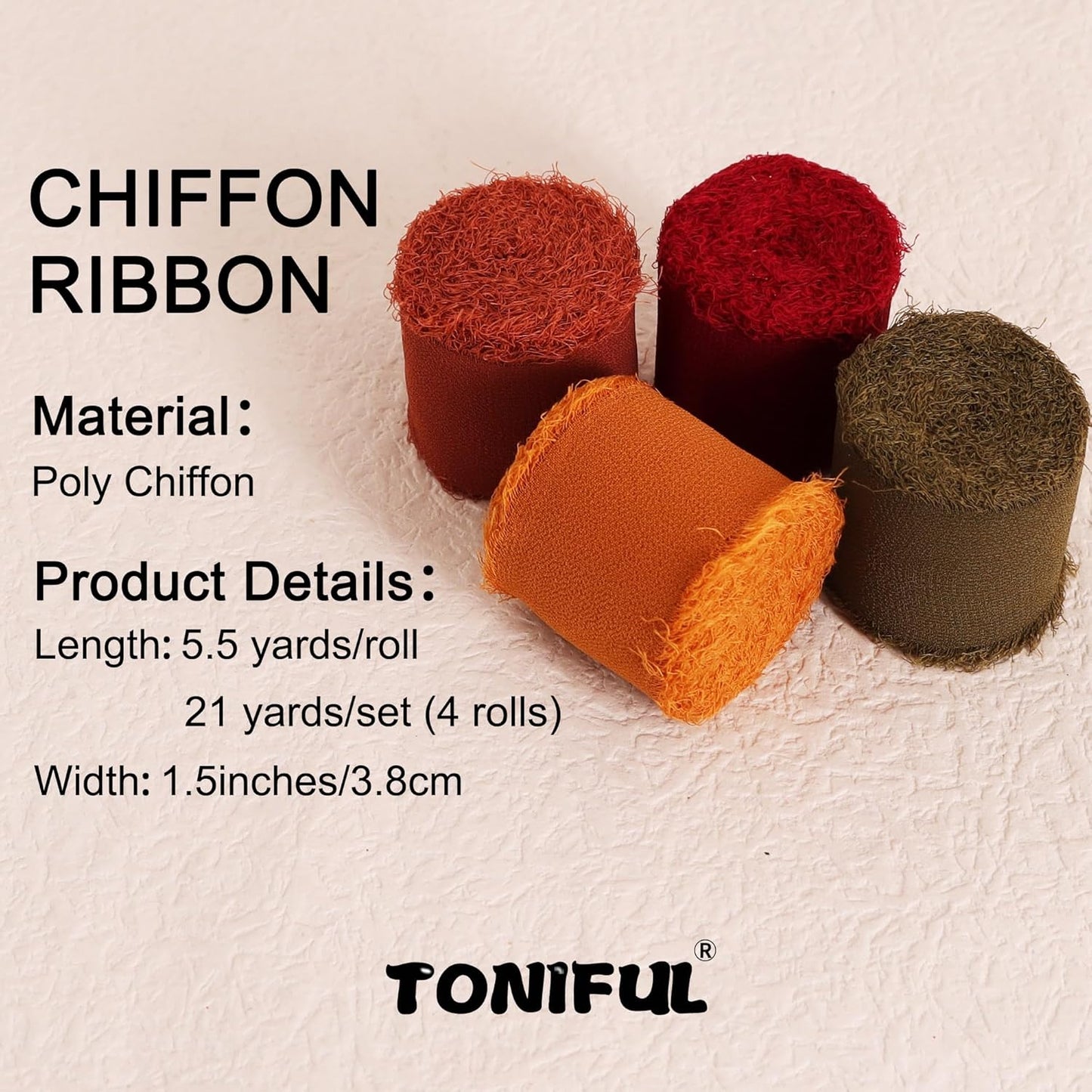 TONIFUL 4 Rolls Silk Chiffon Ribbon 1-1/2 Inch x 22 Yards,Orange Moss Brown Khaki Handmade Fringe Ribbon for Gift Wrapping Flowral Thanksgiving Christmas Wreath Tree Autumn-Themed Party Decoration