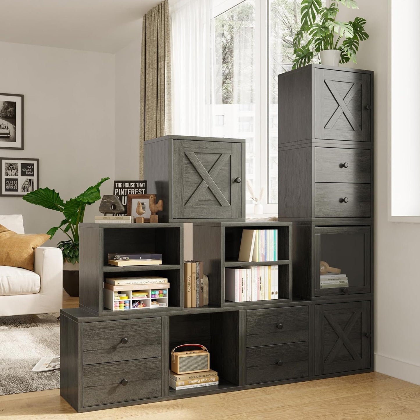 FUSUNBAO Magic DIY Cube Storage Organizer Stackable Cubes for Home Books Clothes Toy-Modular Cubby Storage System-Office Cubical-Bookcase Closet (French Oak,Drawer Cube)