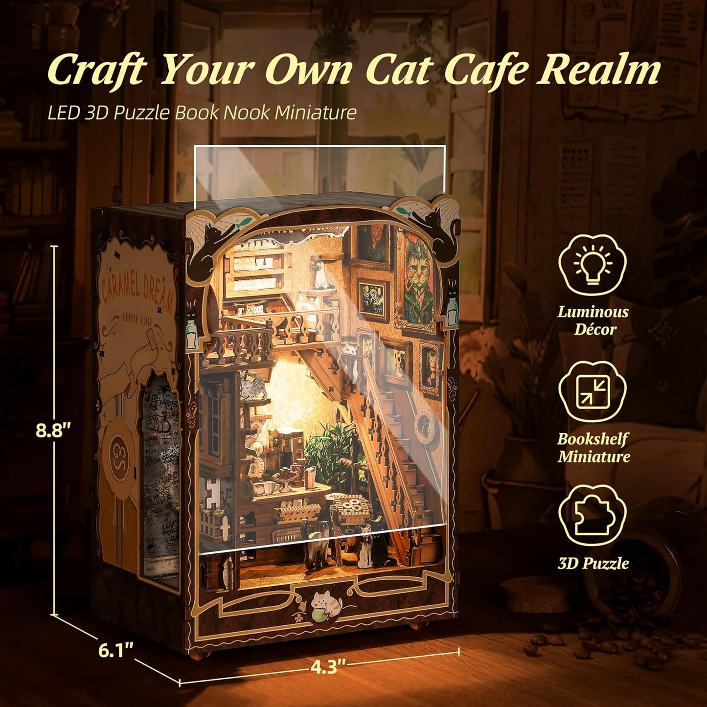 3D Wood Puzzle Book Nook Kit, Caramel Dream Cat Café Bookshelf Insert with LED Lights, DIY Miniature Bookend Décor for Display, Cozy Craft Gift for Cat Lovers and Teens (Caramel Dream)