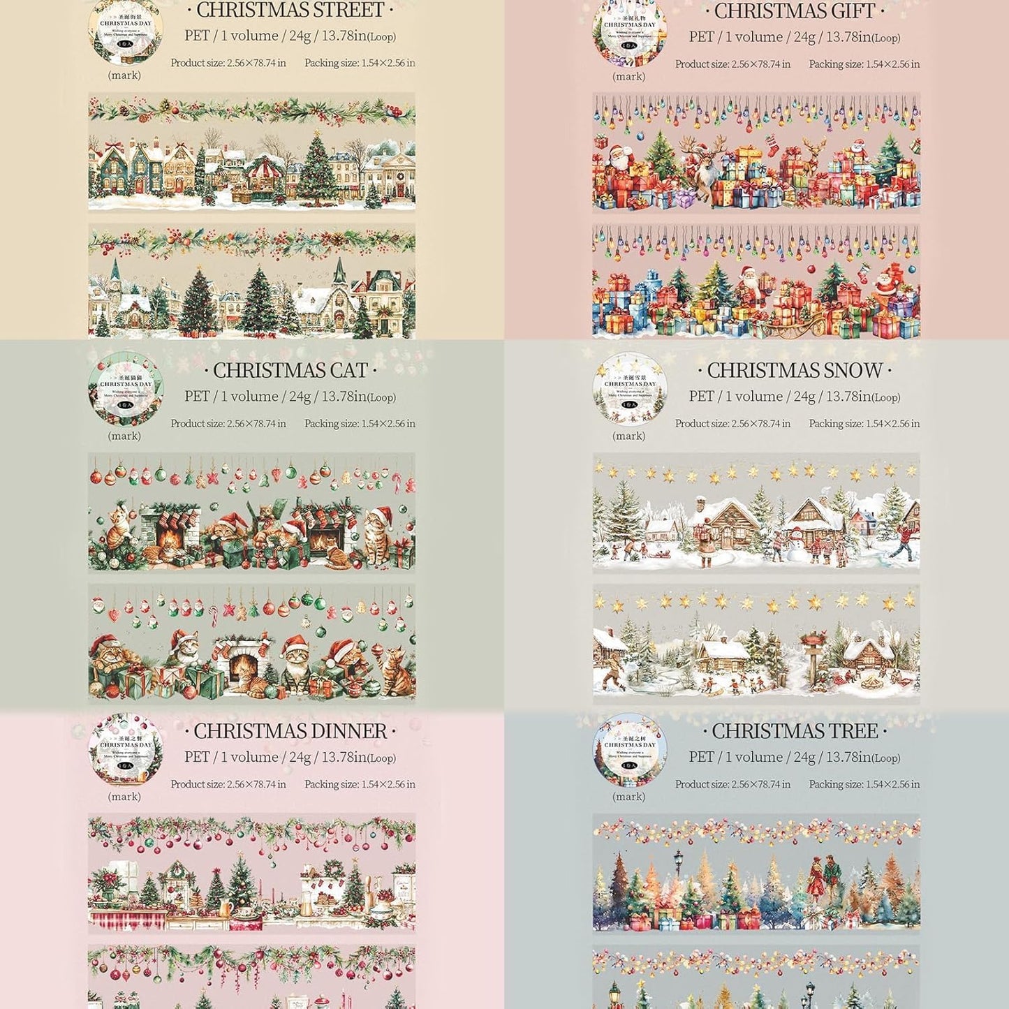 6 Rolls PET Washi Tape Stickers Set,Christmas Washi Tape for Journaling,Winter Aesthetic Stickers for Scrapbook Supplies,Junk Journal,Planner(Christmas Diary)