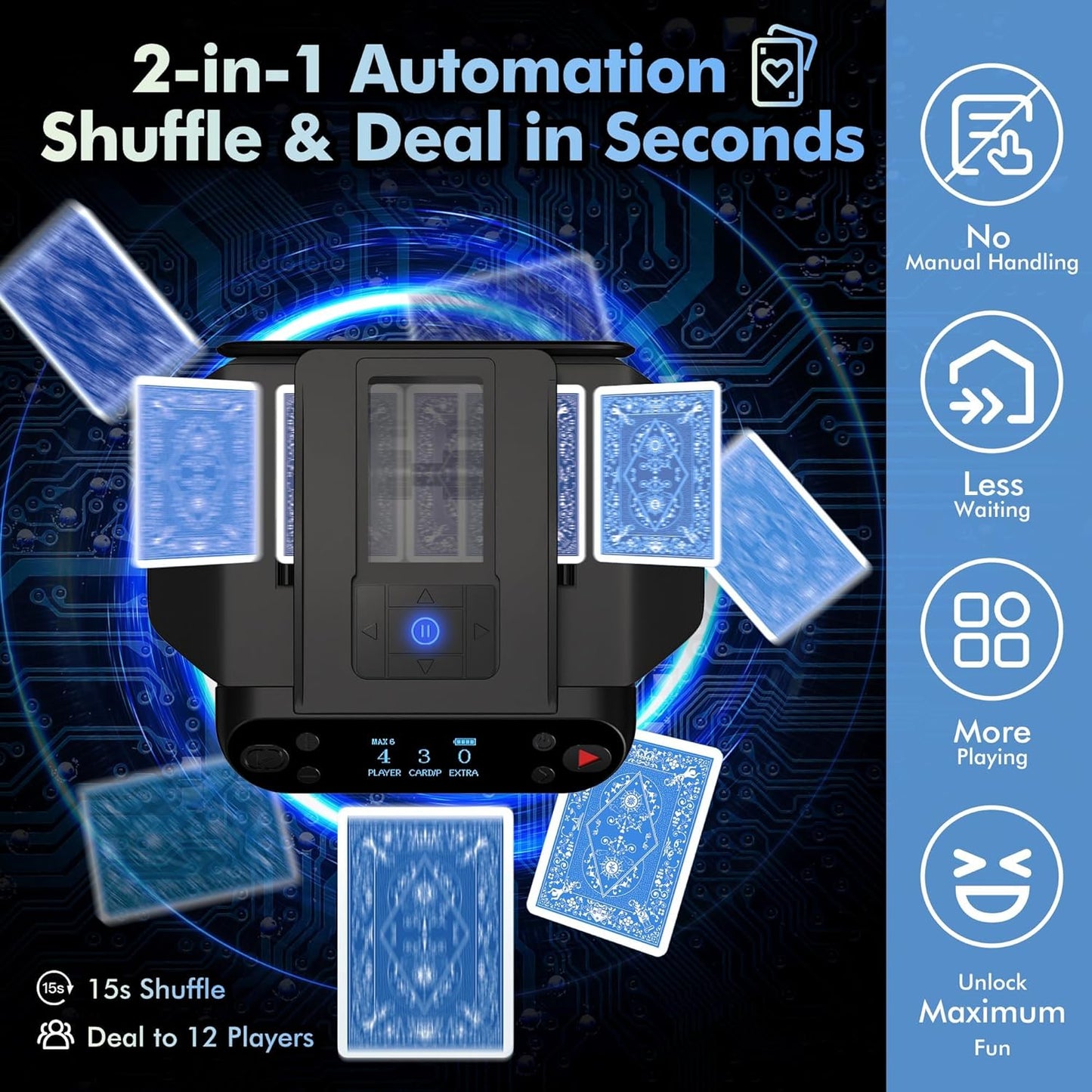 Automatic Card Shuffler and Dealer Machine 360° Rotation, Supports 12 Players, Rechargeable Card Shufflers, UNO Shuffler Card Machine Perfect for Rummy, Poker, Phase 10, Skip-Bo, Texas Hold'em