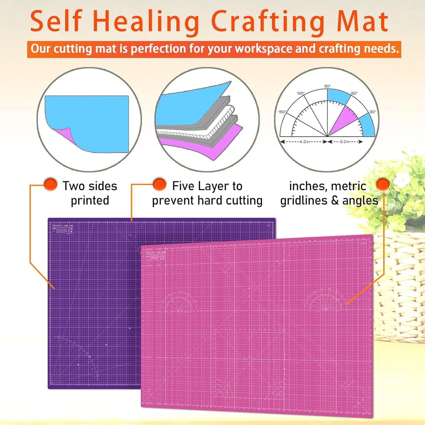 Self Healing Cutting Mat A1 24"x36" – Double Sided 5-Ply Craft Mat for Sewing, Quilting, Fabric, Scrapbooking – Pink/Purple