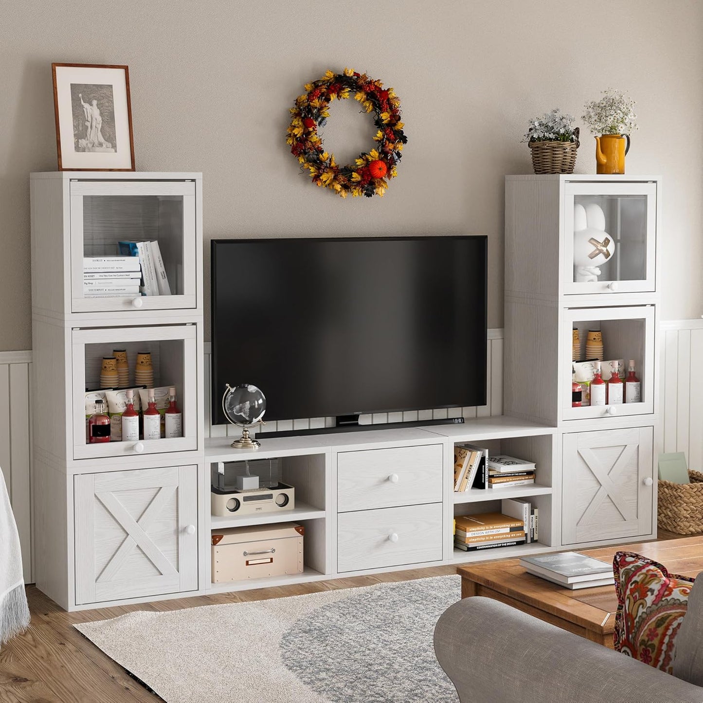 FUSUNBAO Magic DIY Cube Storage Organizer Stackable Cubes for Home Books Clothes Toy-Modular Cubby Storage System-Office Cubical-Bookcase Closet (Pure White-Washed, Door Cube)