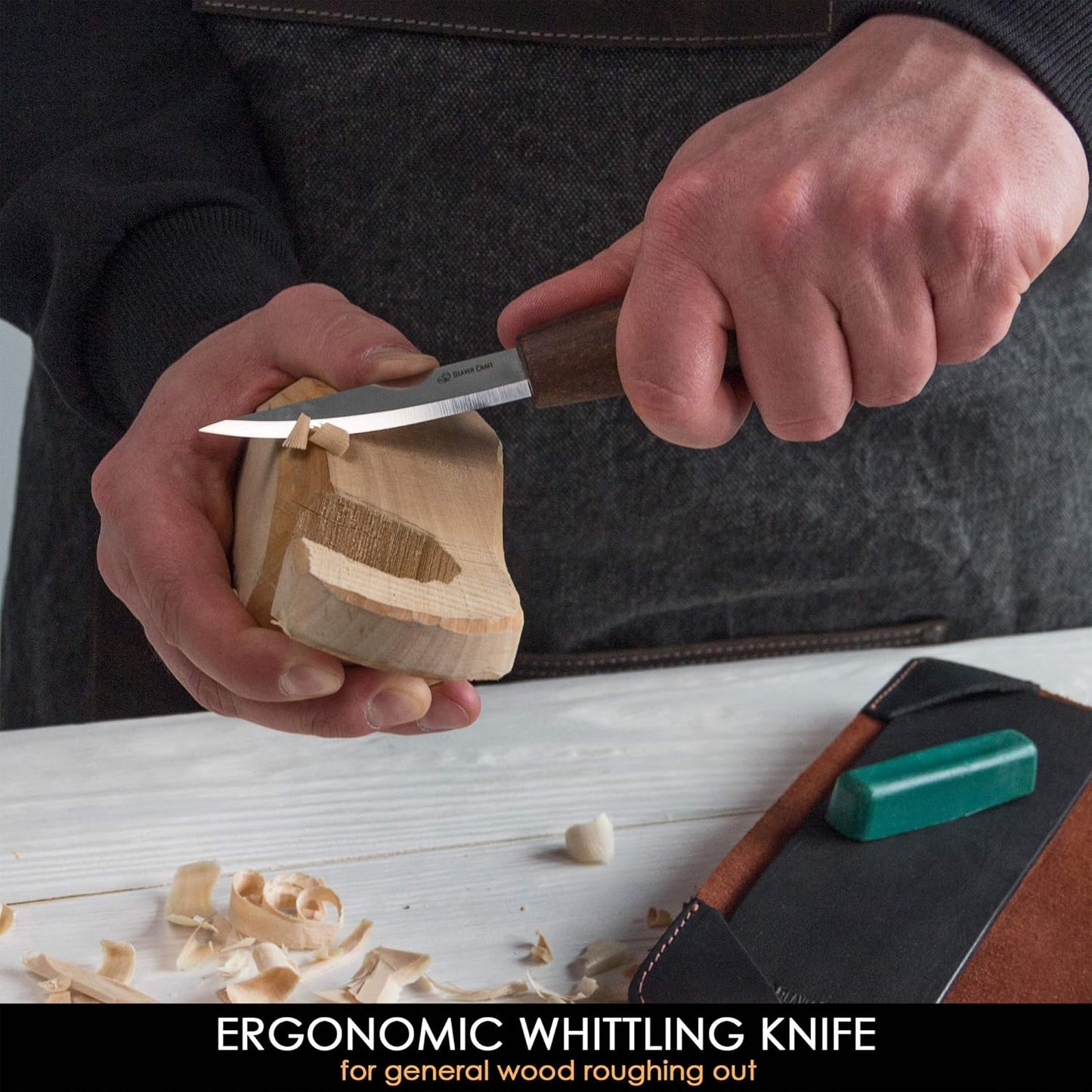 BeaverCraft Wood Spoon Carving Tools Kit S14x Deluxe - Whittling Tools Set Includes Sloyd Wood Carving Knife, Hook Knife, Gouge, Leather Roll-Up Case & Leather strop with Polishing Compound