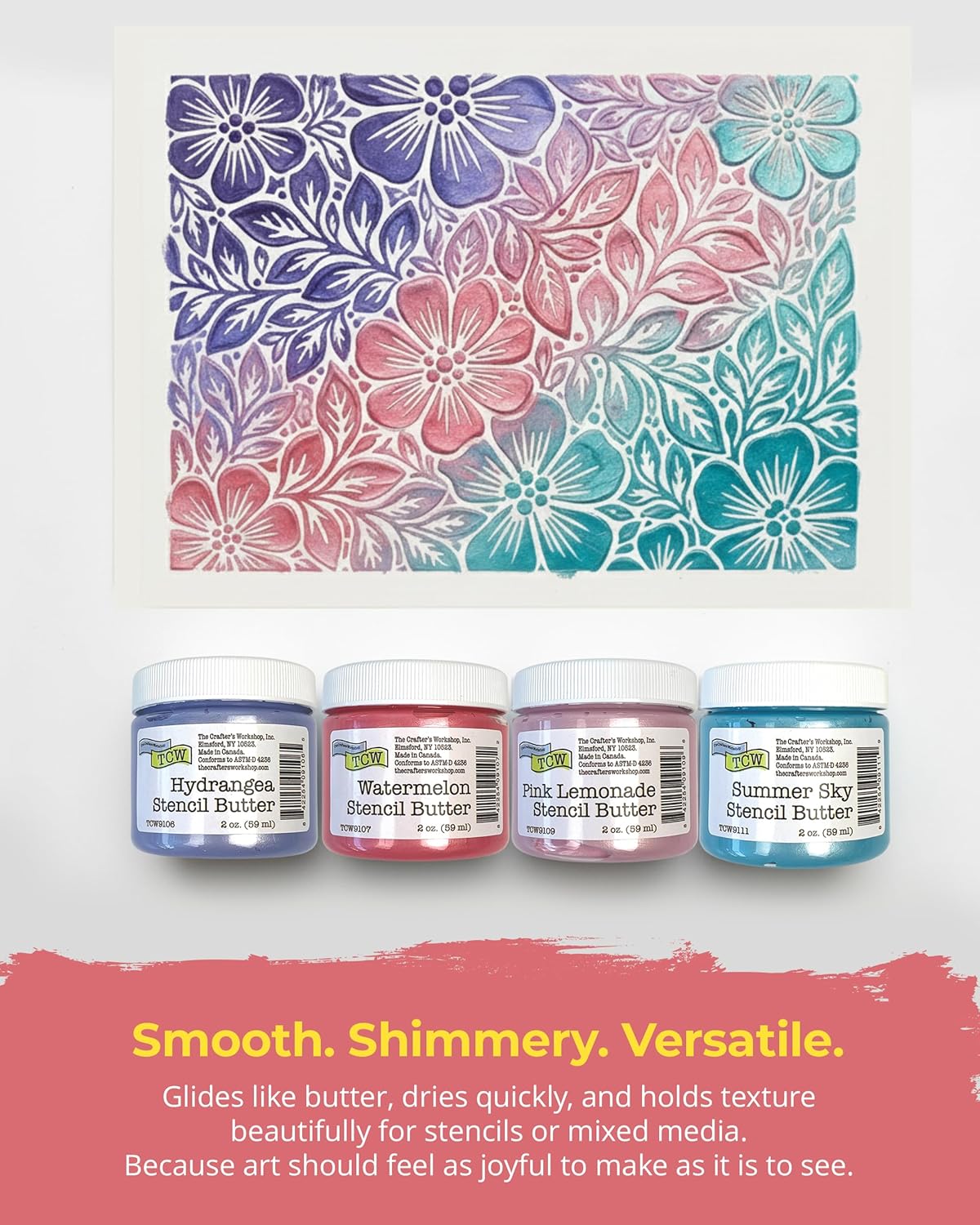 The Crafter's Workshop Stencil Butter - Blooms Acrylic Paint Set - Boutique Metallic Texture Paste for Art, Canvas, Journals, & Cards - 4 x 2oz Jars