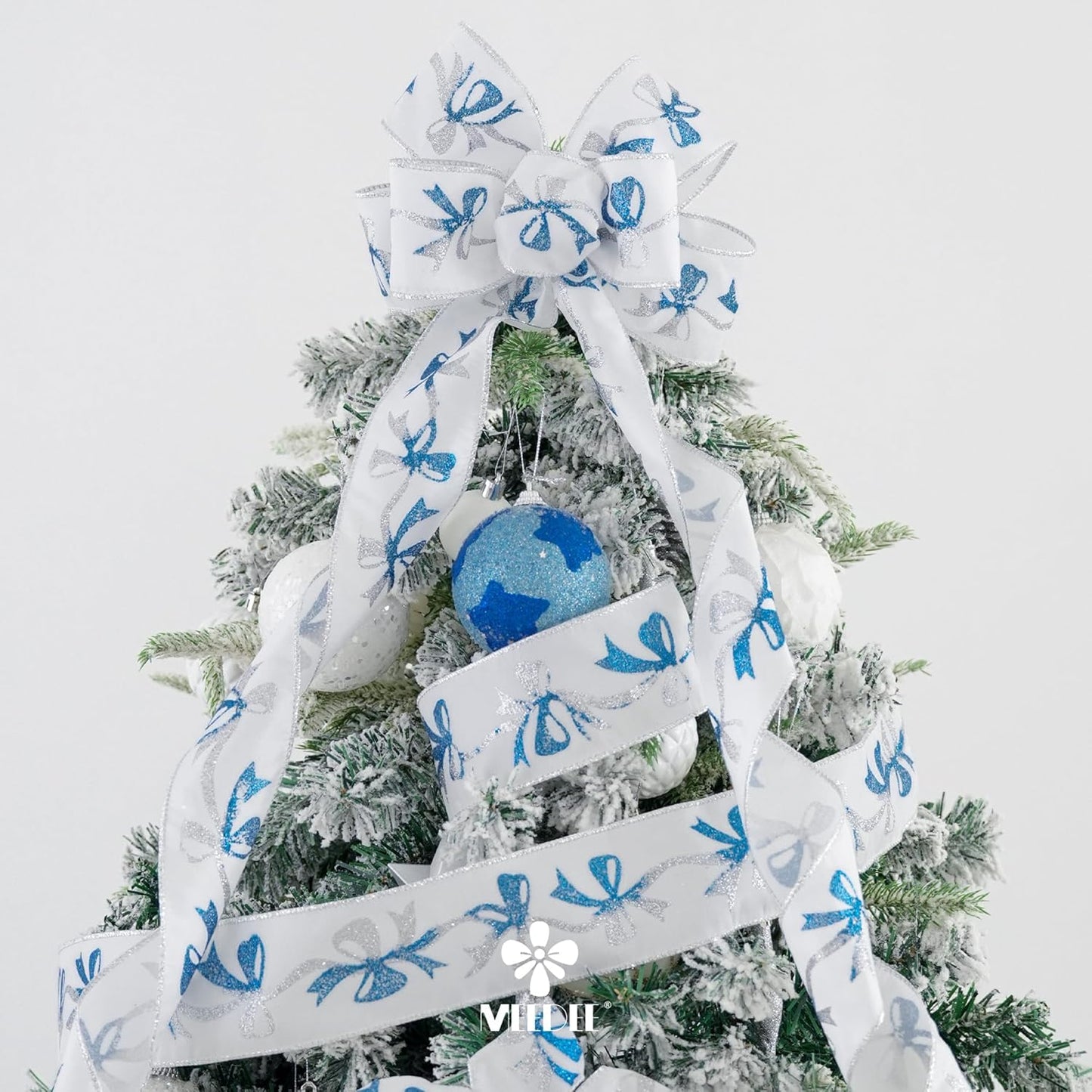 MEEDEE Blue & Silver Christmas Ribbon, 2.5 Inch Wired Satin Ribbon with Turquoise & Silver Glittery Bows, 10 Yards (30 Feet), Perfect for Tree, Garlands, Toppers & Bows