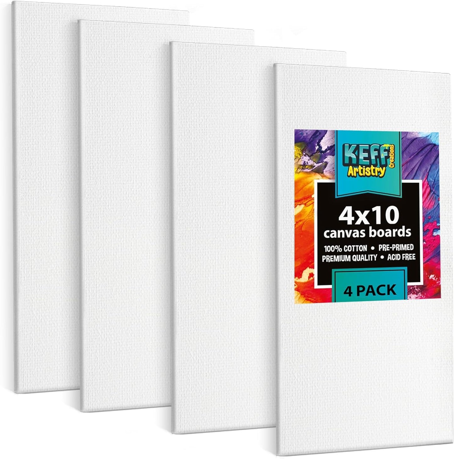 KEFF Canvas Boards for Painting - 4x10 4-Pack Bulk Canvas Panels, 100% Cotton Triple Primed Small Canvases for Painting Supplies, Acrylic, Oil, Watercolor & Tempera