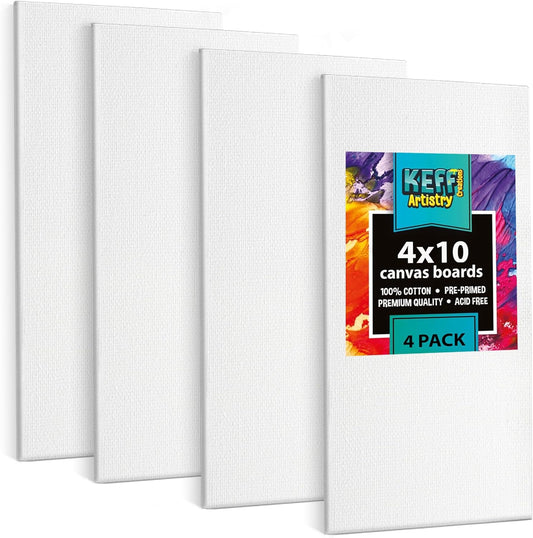 KEFF Canvas Boards for Painting - 4x10 4-Pack Bulk Canvas Panels, 100% Cotton Triple Primed Small Canvases for Painting Supplies, Acrylic, Oil, Watercolor & Tempera