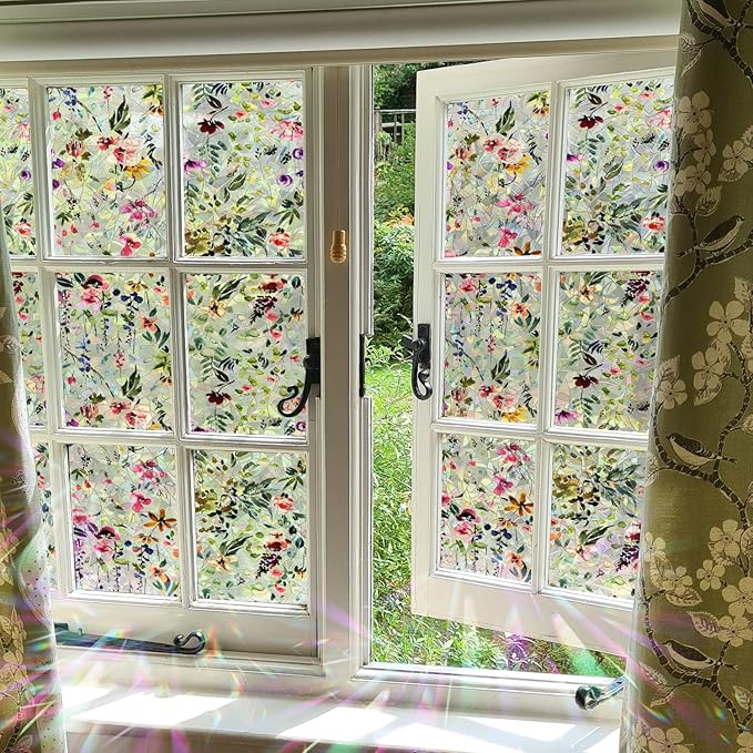 Rainbow Suncatcher Floral Window Film, Privacy Iridescent Static Cling Double-Sided Decals for Window Door Glass Decor, Spring Colorful Flower, 39.37" x 16.93"