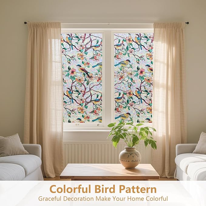 Kromapolis Window Privacy Film, Stained Glass Sticker Floral Window Clings, Decorative Static Clings UV Blocking Colorful Decals, Removable Vinyl Covering Rainbow Camellia, 23.6'' x 157.4''