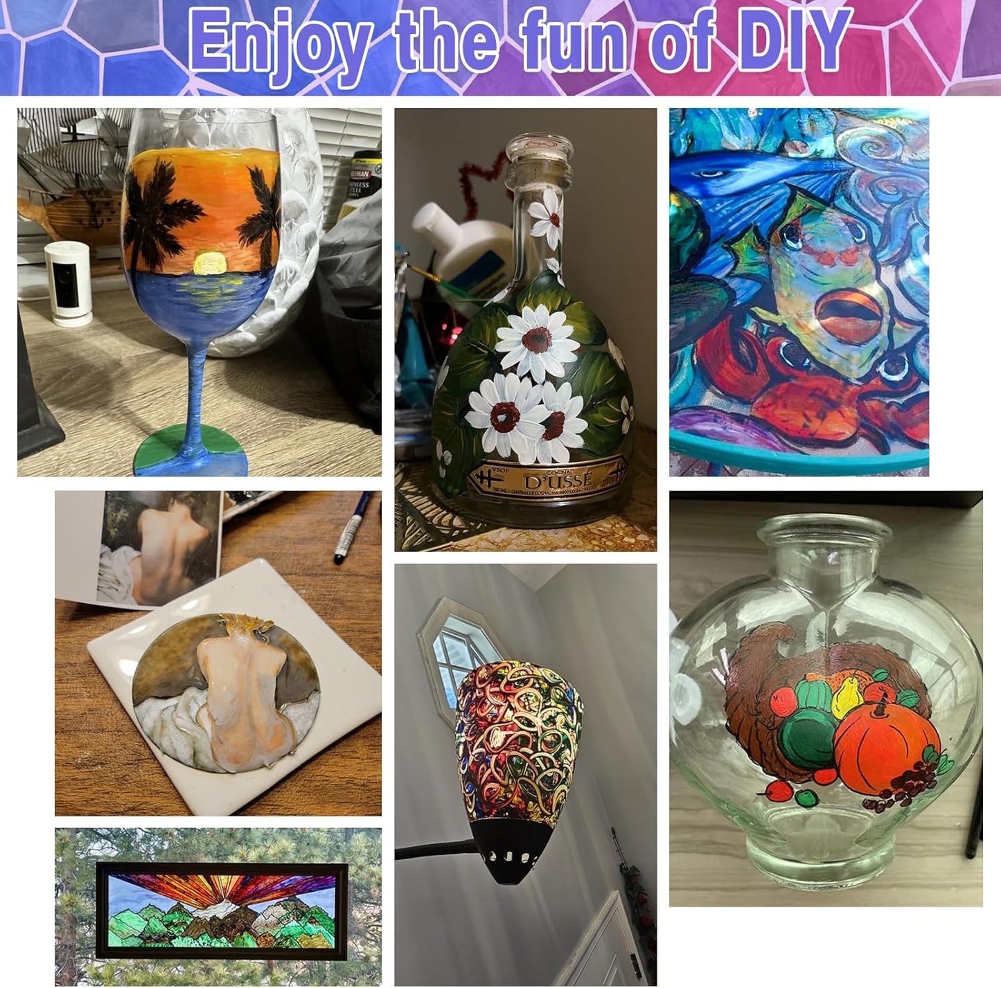 Colorful Stain Glass Paint Set with 6 Brushes, 1 Palette, 24 Color Waterproof Acrylic Enamel Painting Kit for Kids to Arts on Transparent Wine Glasses, Light Bulbs, Windows and Ceramics