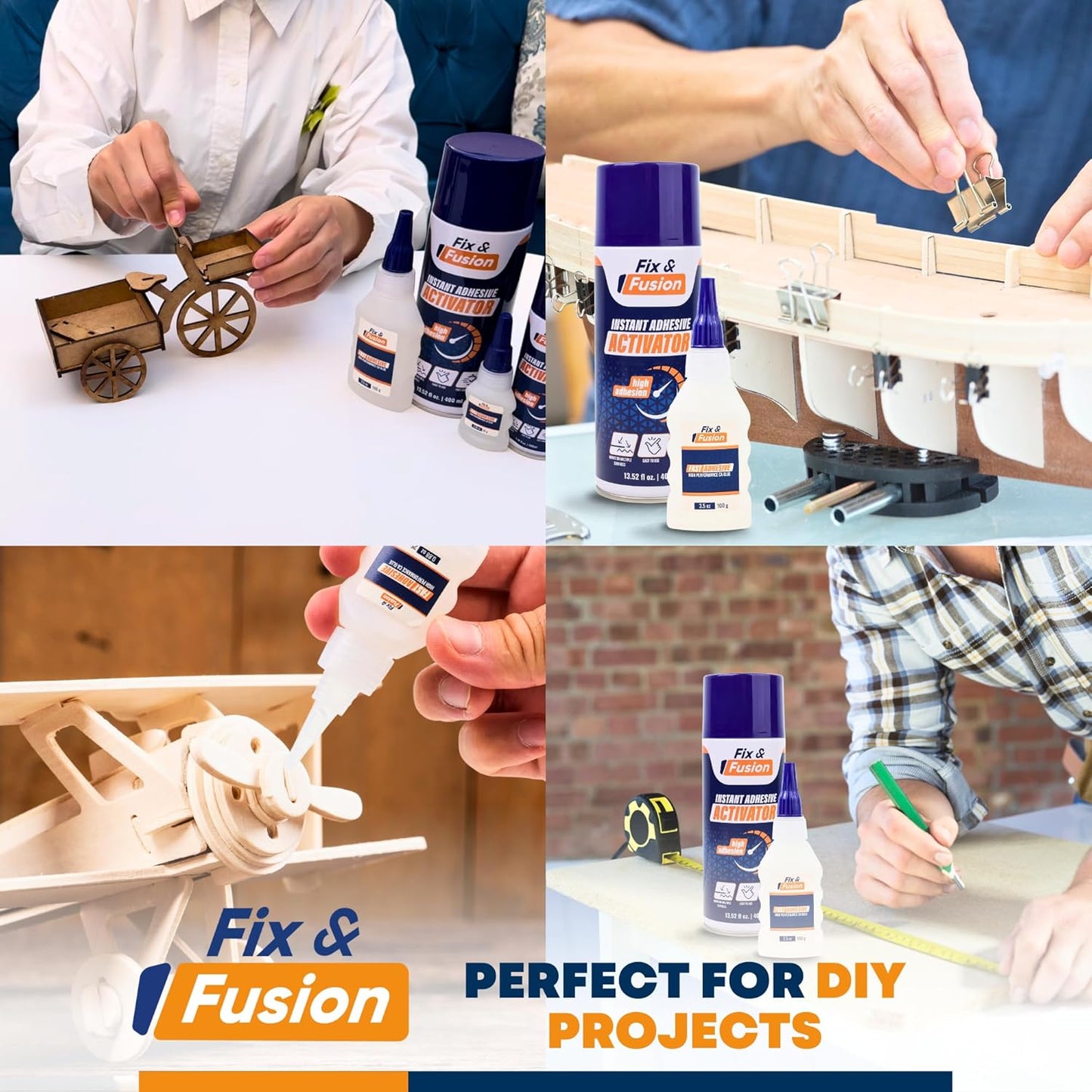 FIX & FUSION Ca Super Glue (1.77 Oz) with Activator Spray (6.76 Fl Oz) Set, Fast Adhesive/Cyanoacrylate Glue & Instant Activator for Woodworking, Plastic, Rubber, Granite, DIY & Industrial, (1 Pack)