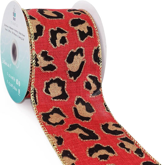 CT CRAFT LLC Burlap Leopard Fabric Wired Ribbon 2.5" x 10 Yards Red with Black and Gold Color for Christmas Home Wedding Decor Gift Wrapping Tree Topper Bow Wreath Bouquet DIY Crafts