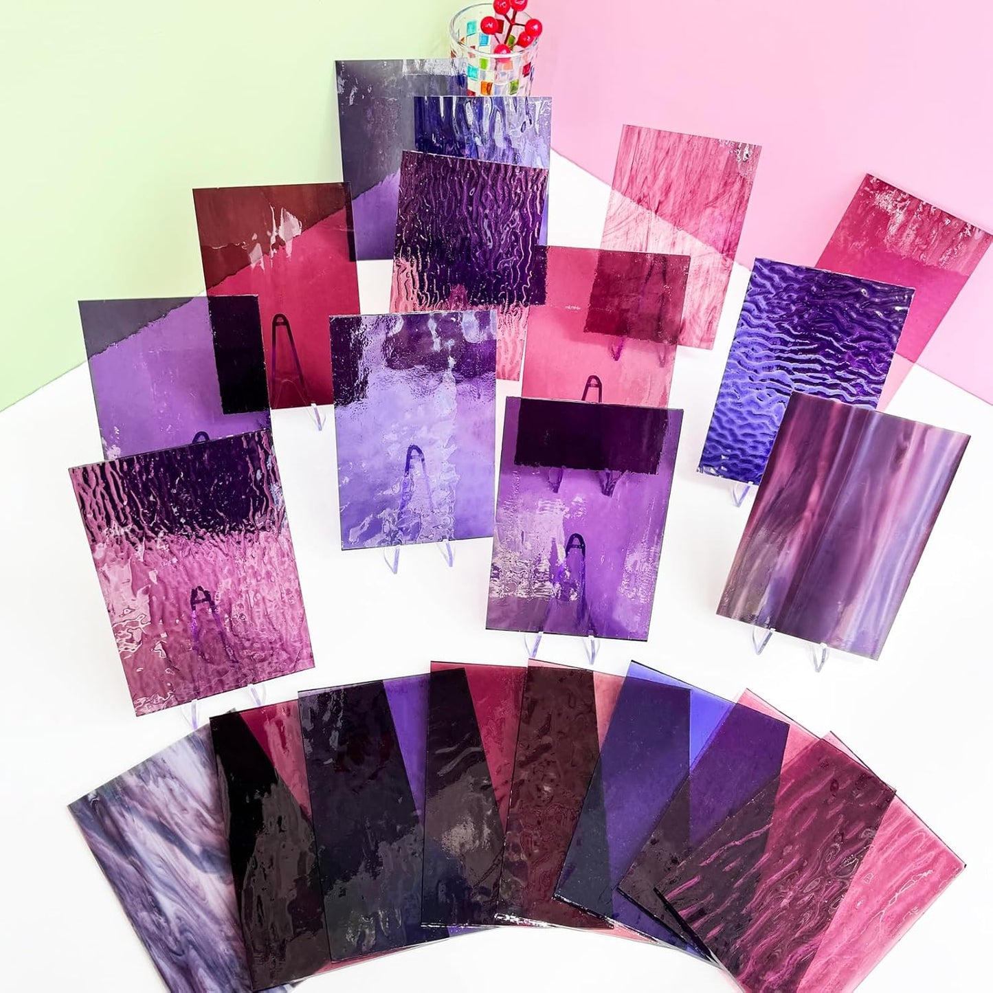 24 Sheets Shades of Purple Stained Glass Sheets, 6 X 4 inches Stained Glass Supplies Mosaic Tiles for Crafts, Pink Colors for Glass Projects or Mosaic Arts