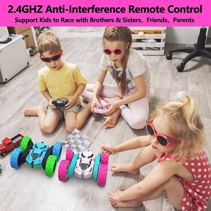 Pink Remote Control Car for Girls, 360° Flipping Stunt Car with LED Headlights, Rechargeable 4WD Electric Toy Vehicle, Princess Gift for 6 7 8 9 10 11 Year Old Girls, Birthday & Christmas Toy