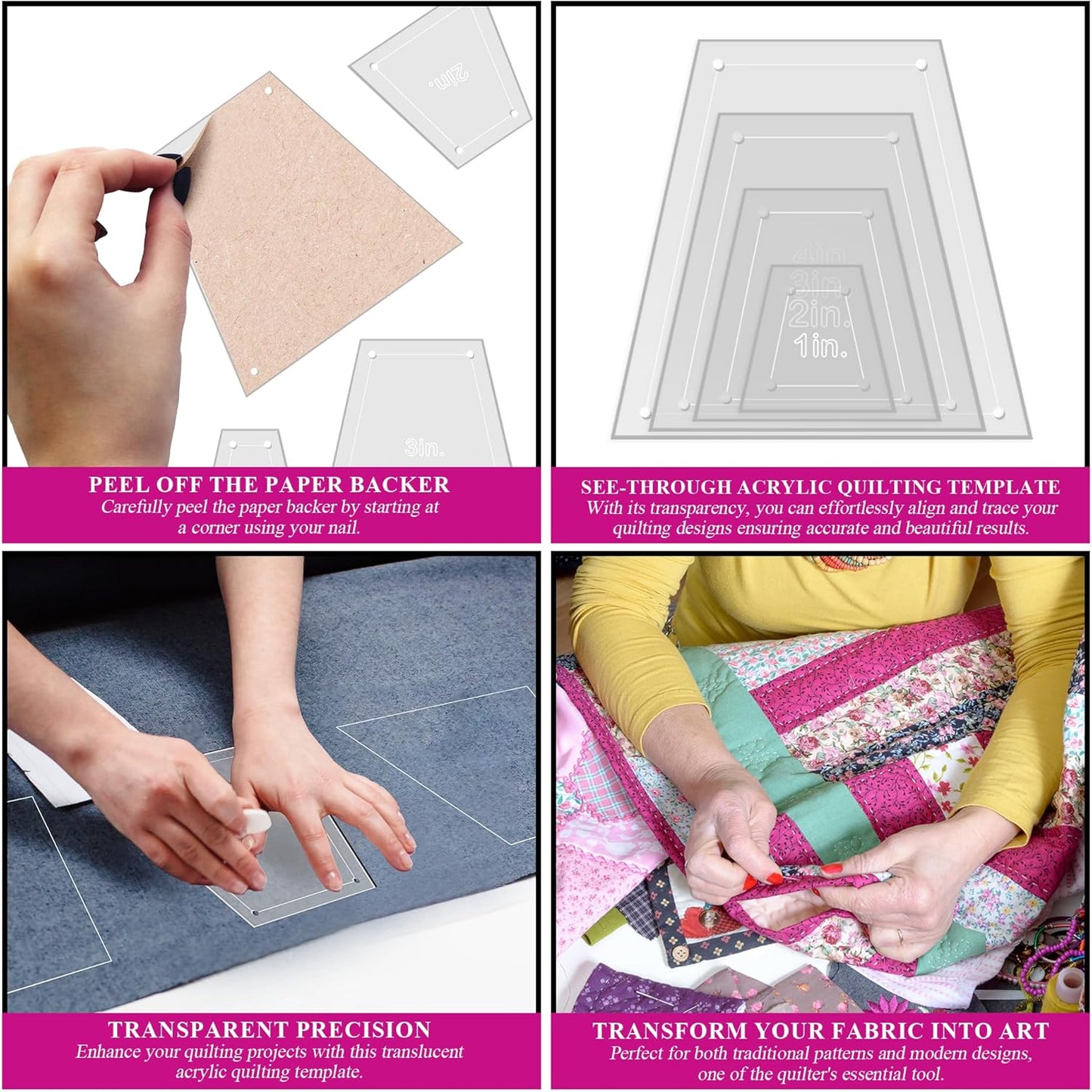 Quilting Acrylic Template Set | Precision Tools for Quilting Enthusiasts | Tumbler Blocks Design | Includes Sizes 4", 3", 2", 1" | 1/8 Clear Acrylic | 1/4" Seam Allowance for Accuracy