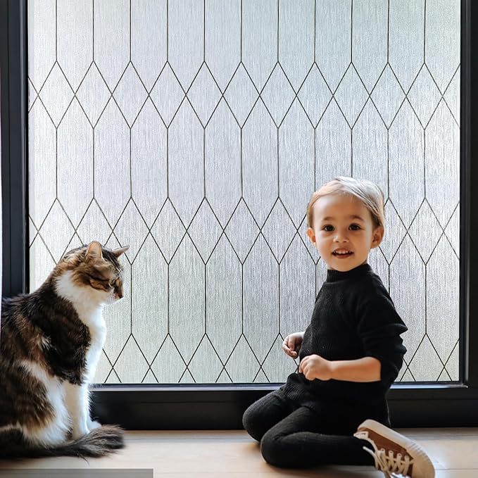 Windimiley Window Privacy Film Stained Glass Static Clings, Bathroom Frosted Leaded Decorative Window Stickers, UV Heat Blocking Opaque Removable for Home Door Coverings (23.6 x 78.5in,Rain)