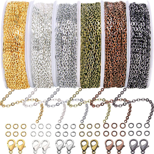 Jishi Chains Jewelry Making Supplies, 60ft Cable Link Chains for Making Jewelry Necklace Earring Bracelet Findings DIY Craft Kit for Adults, 6-Color 2mm Gold Silver Copper Plated Metal Link Rolls Bulk