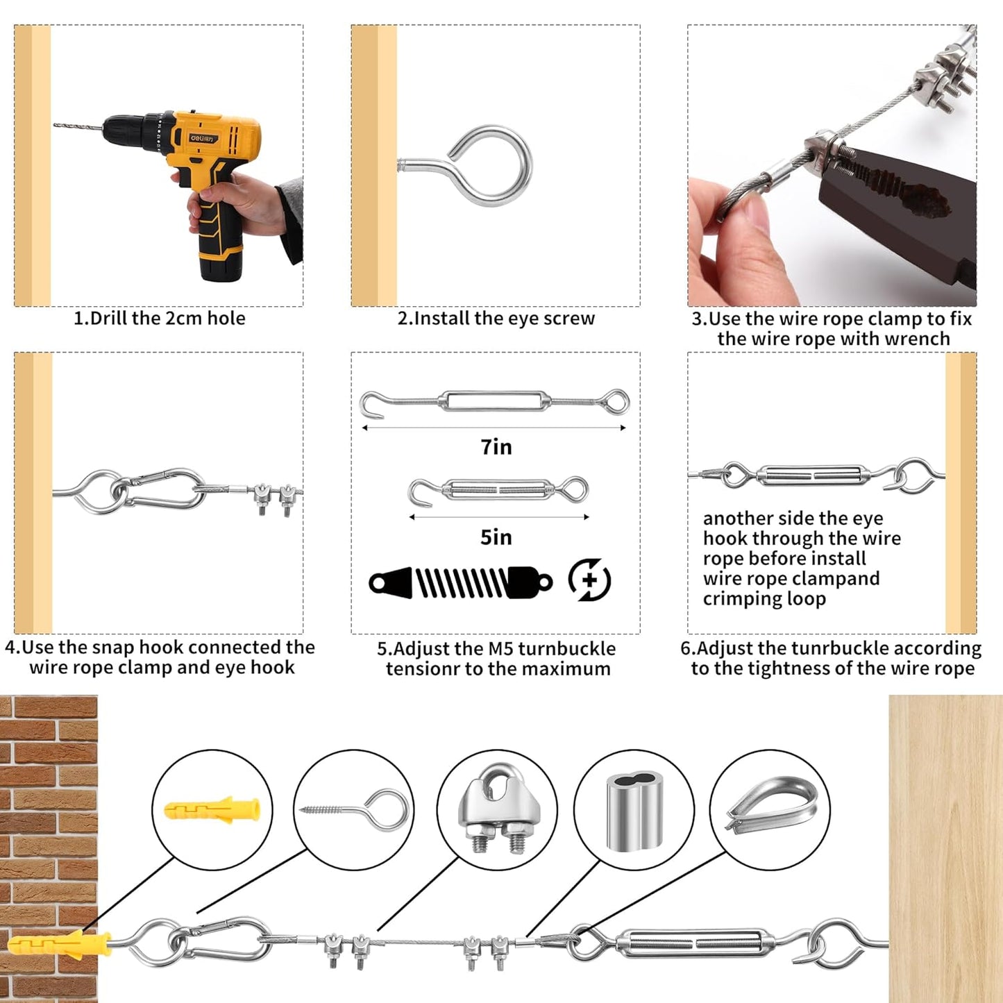 1/16" Wire Rope Kit,30M/100FT Vinyl Coated 304 Stainless Steel Cable,String Light Hanging Kit with Turnbuckle for Outdoor,Garden Wire(55 Pack)
