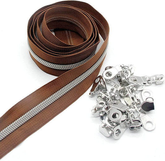 Leekayer #5 Metallic Silver Nylon Coil Zippers by The Yard Bulk 10 Yards Brown Zipper Tape with 25pcs Silver Sliders for DIY Sewing Tailor Craft Bag(Brown)