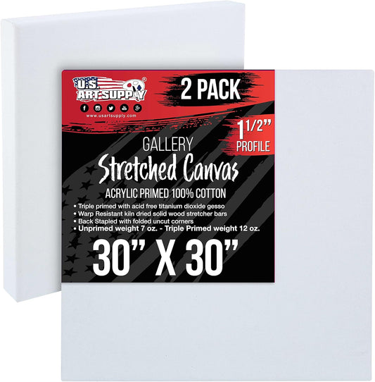 U.S. Art Supply X-Large Stretched Canvas for Painting 30x30 inch Gallery Depth 1-1/2" Thick, 2-Pack - 12oz Acrylic Gesso Triple Primed, Professional Artist Quality, 100% Cotton - Oil, Pouring Paint