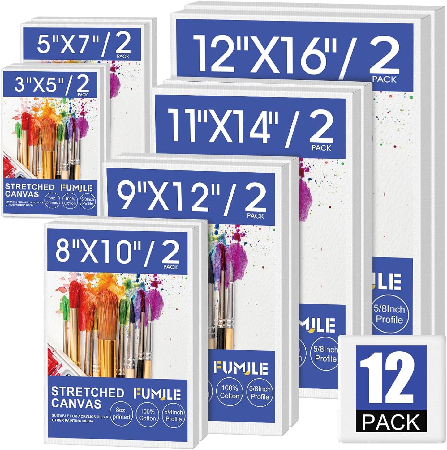 FUMILE Stretched Canvas for Painting, Blank Canvases for Painting Multi 12 Pack 3x5, 5x7, 8x10, 9x12, 11x14, 12x16 (2 of Each), Primed Acid Free Painting Canvas for Beginners & Artists.