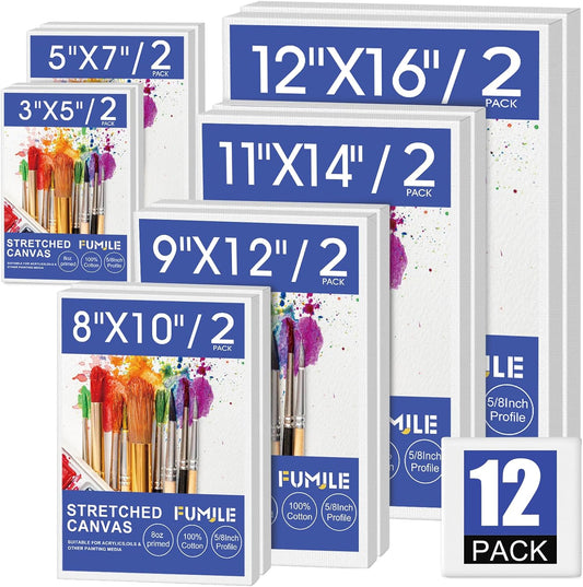 FUMILE Stretched Canvas for Painting, Blank Canvases for Painting Multi 12 Pack 3x5, 5x7, 8x10, 9x12, 11x14, 12x16 (2 of Each), Primed Acid Free Painting Canvas for Beginners & Artists.