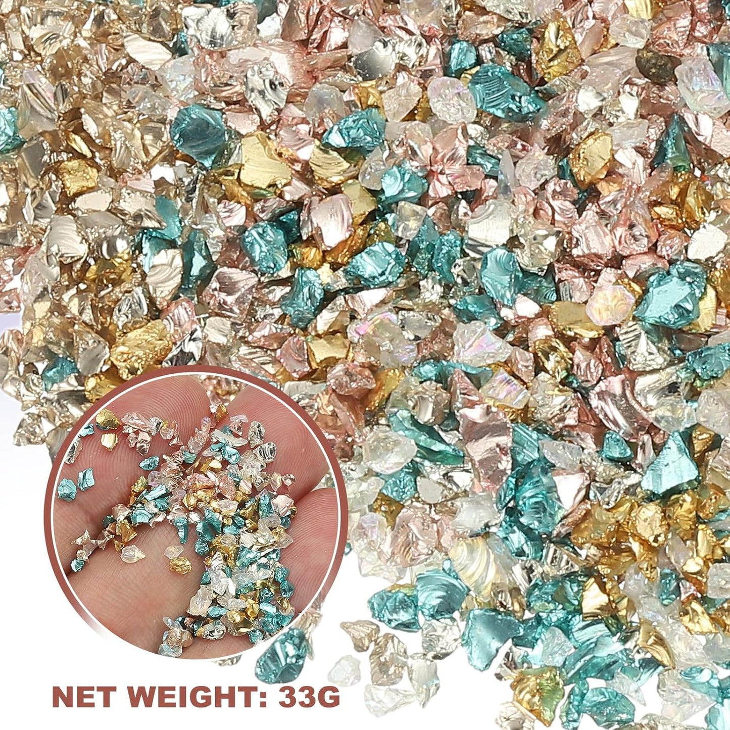 uxcell 6 Colors Crushed Glass Chips, 1-3mm Irregular Glitter Metallic Glass Broken Glasses Pieces with Laser Bag for Craft DIY Vase Epoxy Halloween Decoration 33g, Gold Color Series