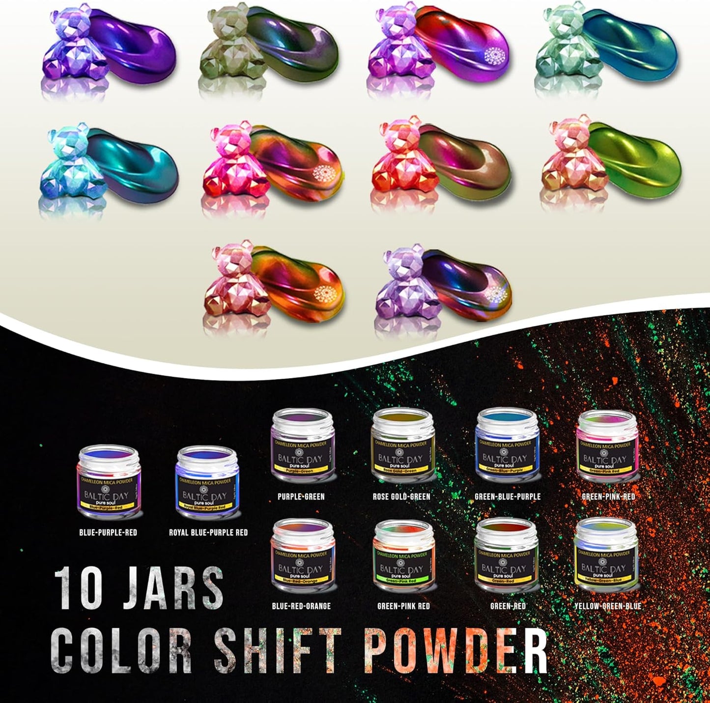 BALTIC DAY - Mica Powder, 100 Colors - 10 Chameleon Mica Powder for Epoxy Resin 10g/Bottle - Resin Colorant for Lip Gloss, Soap Making, Candle, Nail, Bath Bomb, Paint, Car Freshies