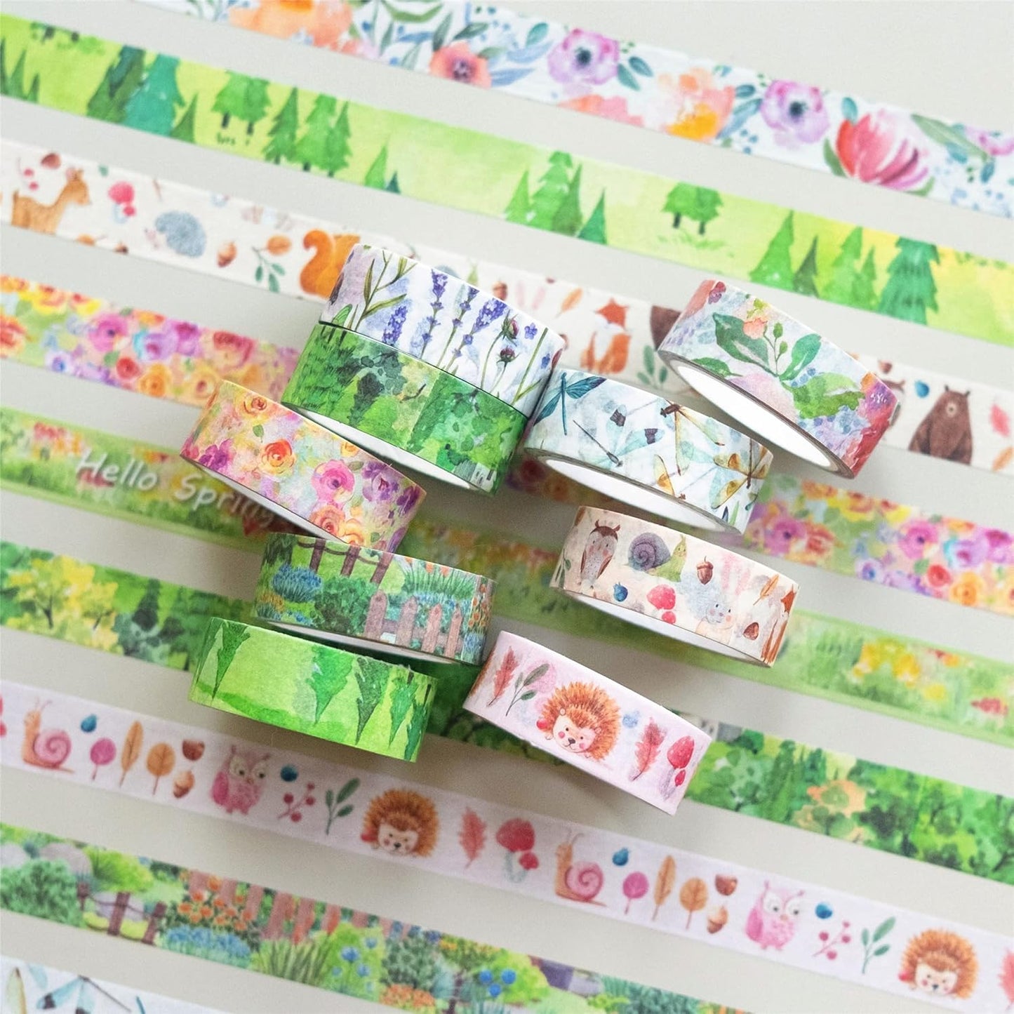 YUBBAEX 10 Rolls Four Seasons Washi Tape Set Green Grass Flowers Masking Decorative Tapes (Spring)